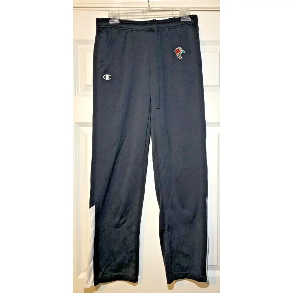 Champion Sweatpants Women’s Small Black/White Zip Hem Rose Patch